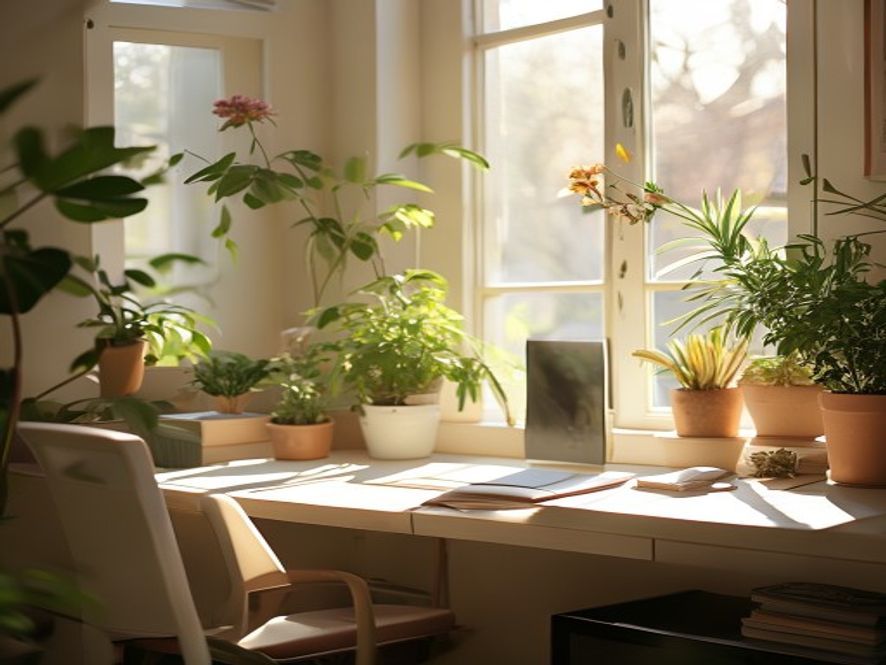 Workspace with natural light, plants, and a peaceful morning setup