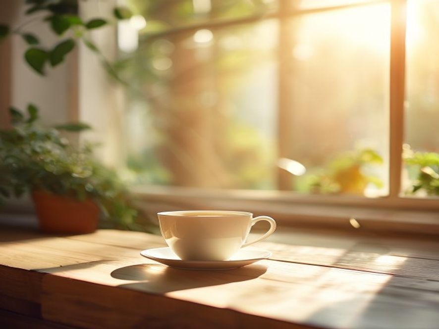 Morning energy ritual Bright morning light streaming through an open window with a cup of tea