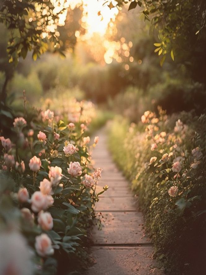 Evening restoration Warm golden-hour light on a peaceful garden with soft focus greenery